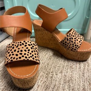 Wedge Sandals in Tan with Leopard Print Strap